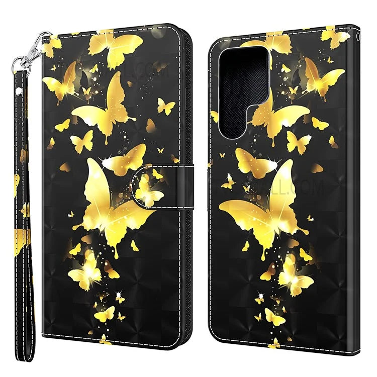 3D Creative Pattern Printing PU Leather Stand Flip Wallet Magnetic Protective Case with Strap for Samsung Galaxy S22 Ultra 5G