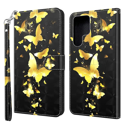 3D Creative Pattern Printing PU Leather Stand Flip Wallet Magnetic Protective Case with Strap for Samsung Galaxy S22 Ultra 5G