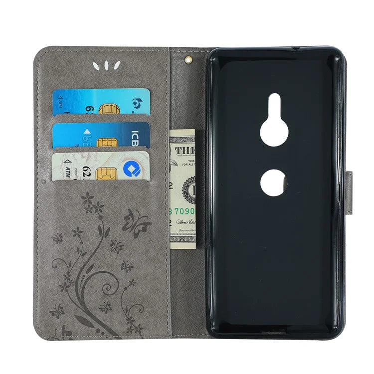 Imprint Butterfly Flower Leather Wallet Cover for Sony Xperia XZ3