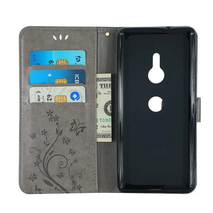 Imprint Butterfly Flower Leather Wallet Cover for Sony Xperia XZ3