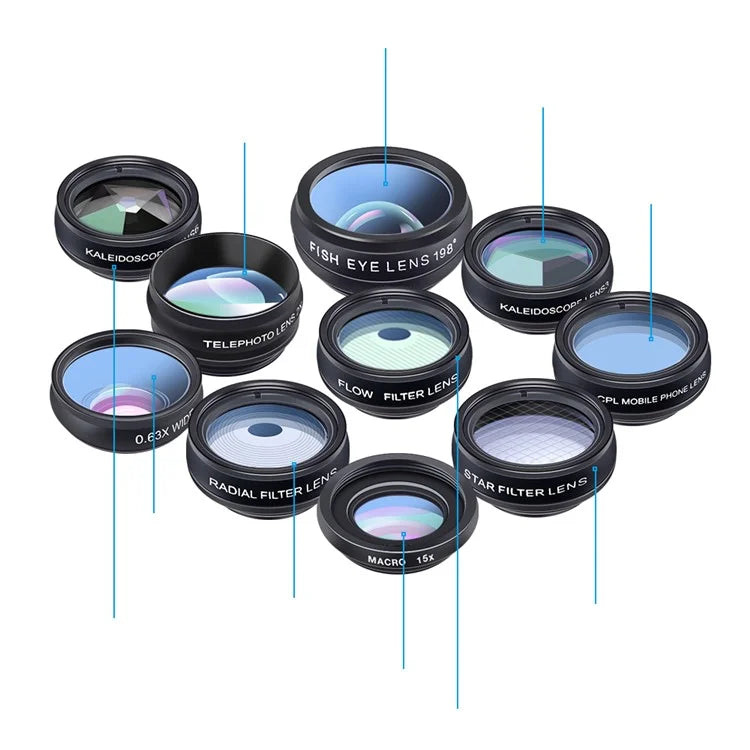 APEXEL 10-in-1 Lens Kit Fish-eye Wide Angle Macro 2X Telescope Lens Set for iPhone Samsung Smartphones