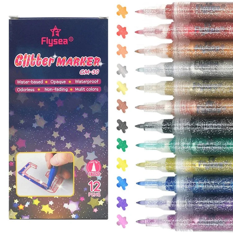 FLYSEA GM-30 12Pcs / Box Sparkling Glitter Markers Water-Based Acrylic Paint Pens Set DIY Craft