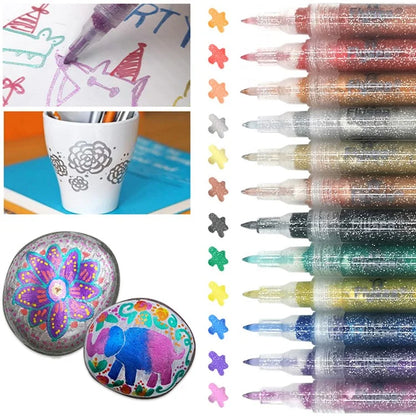 FLYSEA GM-30 12Pcs / Box Sparkling Glitter Markers Water-Based Acrylic Paint Pens Set DIY Craft