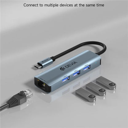 DEVIA EC621 Leopard Series USB-C Docking Station Type-C to USB3.0*3+RJ45, Mini USB 3.1 Hub (Upgraded)