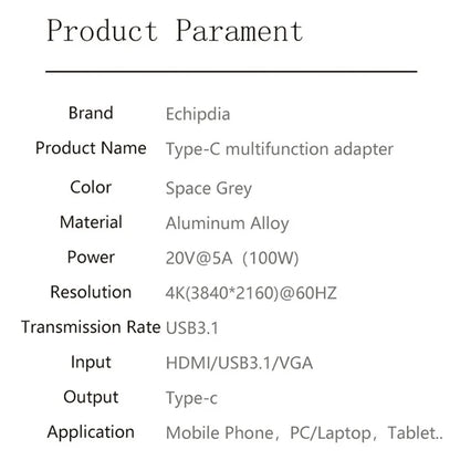 USB-C Hub Adapter Type-C to 4K 60Hz HD+USB 3.1+USB 2.0x2+USB 3.0+PD 100W Converter Dock