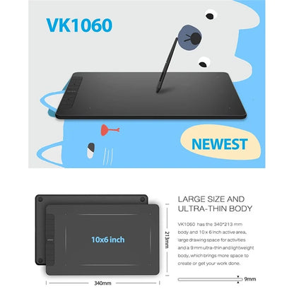 VEIKK VK1060 10x6 Inch Graphic Digital Drawing Tablet with 8192 Level Pressure Sensitive Pen