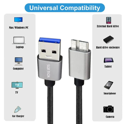 JUNSUNMAY 5m USB-A 3.0 Male to Micro-B Male Nylon Braided Data Cable for Hard Drive Camera