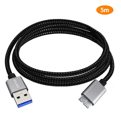 JUNSUNMAY 5m USB-A 3.0 Male to Micro-B Male Nylon Braided Data Cable for Hard Drive Camera