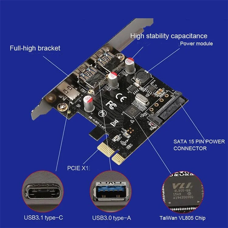 TXB055 USB3.1 Type-C + Dual USB3.0 Type-A PCI-E Expansion Card