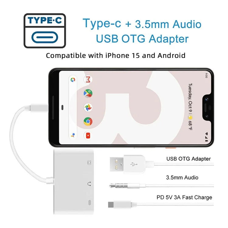 UC-155-TC004 Type C to 3.5mm Audio + Type-A USB2.0 OTG Female with PD Power Charge Adapter for Laptop Tablet Phone