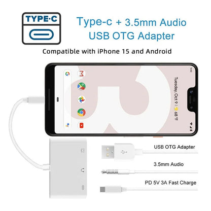 UC-155-TC004 Type C to 3.5mm Audio + Type-A USB2.0 OTG Female with PD Power Charge Adapter for Laptop Tablet Phone