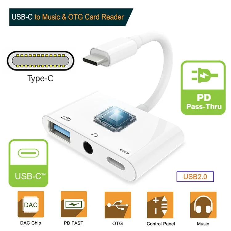 UC-155-TC004 Type C to 3.5mm Audio + Type-A USB2.0 OTG Female with PD Power Charge Adapter for Laptop Tablet Phone