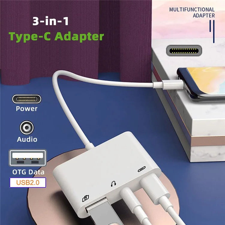 UC-155-TC004 Type C to 3.5mm Audio + Type-A USB2.0 OTG Female with PD Power Charge Adapter for Laptop Tablet Phone