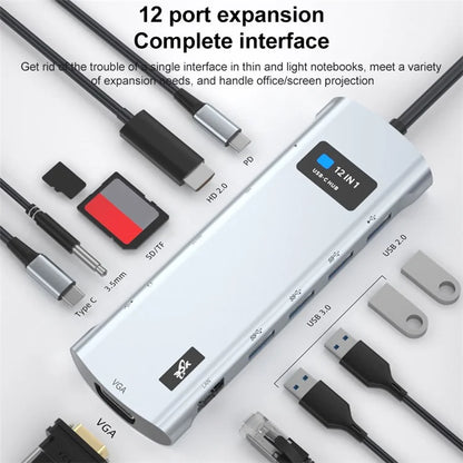 V261A Type-C Hub with PD+USB3.0+USB2.0+Type-C+SD / TF+RJ45+USB Audio+HD+VGA