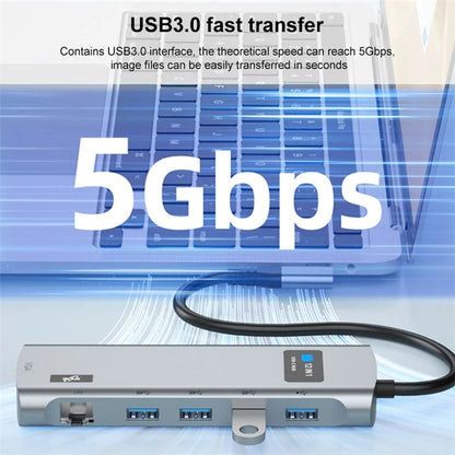 V261A Type-C Hub with PD+USB3.0+USB2.0+Type-C+SD / TF+RJ45+USB Audio+HD+VGA