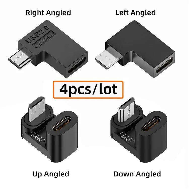 UC-102 4Pcs / Set USB2.0 Type C Female to Micro USB Male Power Data Adapter, 90 Degree Angled Type