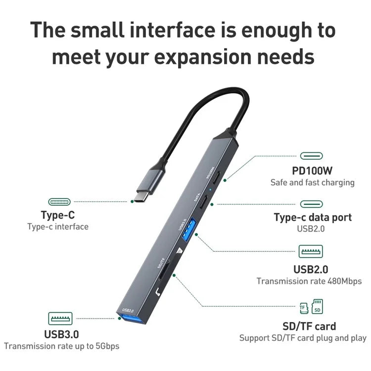 ADS-807 Multi-Port Hub Type-C Adapter to PD 100W Charging USB Data Reading Card Slots