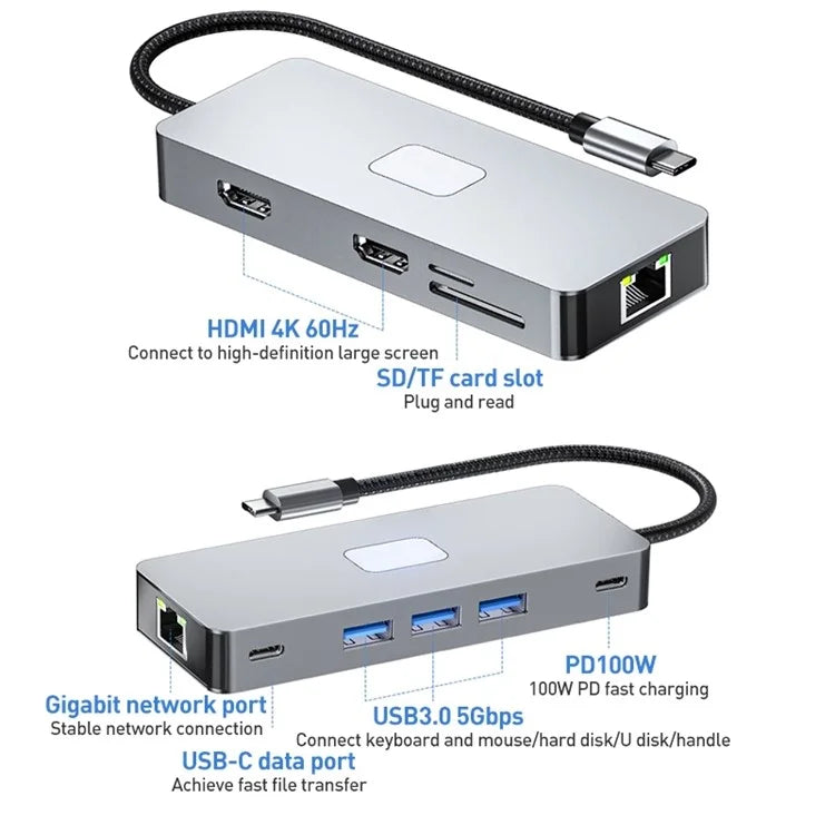 BYL-2315 10-in-1 Type-C Hub to PD 100W Charging RJ45 USB 3.0 USB-C HD 4K Video Output Card Reader