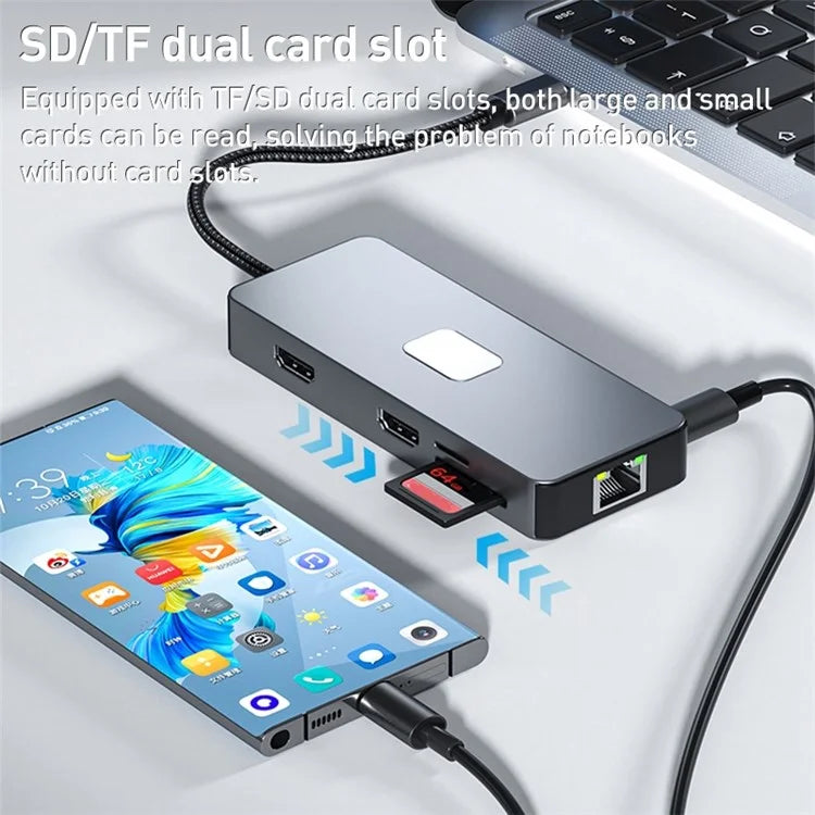 BYL-2315 10-in-1 Type-C Hub to PD 100W Charging RJ45 USB 3.0 USB-C HD 4K Video Output Card Reader