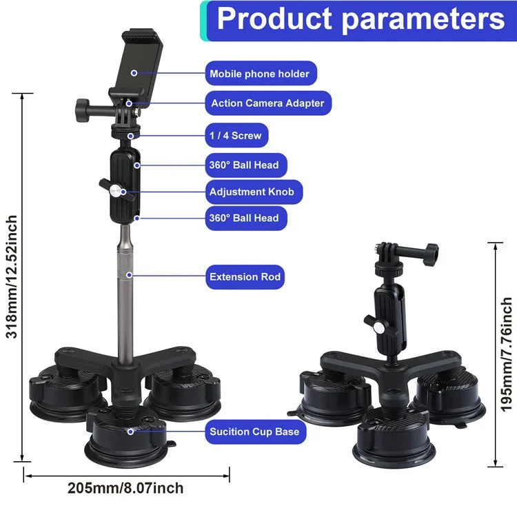 K01-3LP Extension Rod Sucker Mount Action Camera Bracket Car Shooting Support Stand