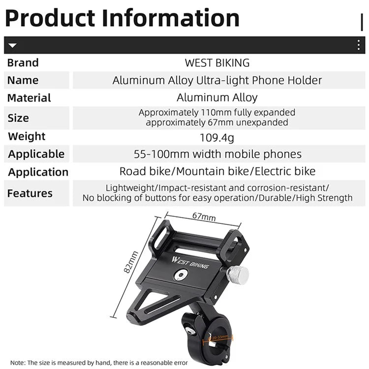 WEST BIKING YP0719359 Bicycle Cell Phone Holder Aluminum Alloy Ultra-Light Handlebar Phone Bracket