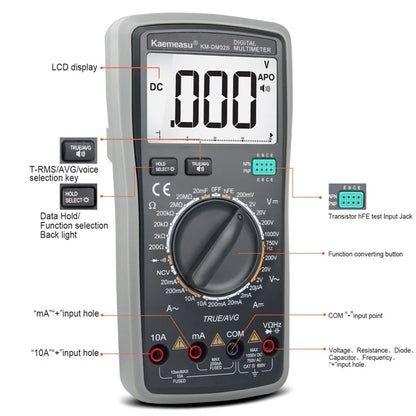 KAEMEASU KM-DM02S LCD Display Smart Digital Multimeter Voice Broadcast Electrical Tester for AC / DC Voltage, Current, No Battery