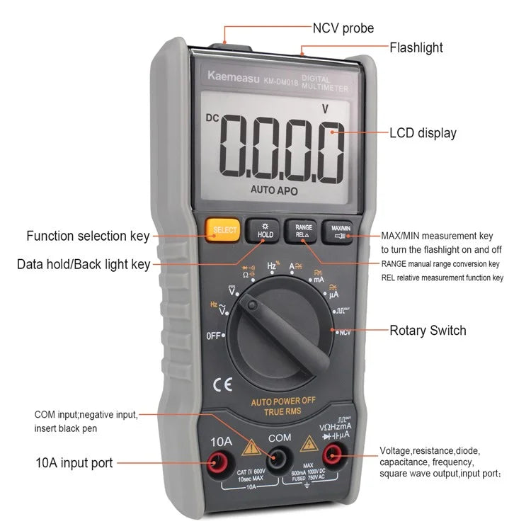 KAEMEASU KM-DM01B High-Precision Auto Multimeter Square Wave Output Multi-Function Multimeter with Flashlight, No Battery