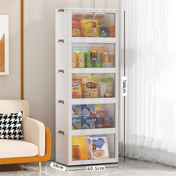 60.5*38*164cm 5 Layers Storage Box PP+HIPS+TPR Clear Door Clothes Snack Toy Storage Cabinet