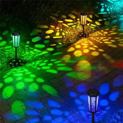 DS019 Hexagonal Hollow-Out Solar Powered Stake LED Lamp Home Yard Lawn Light with Warm Light+RGB