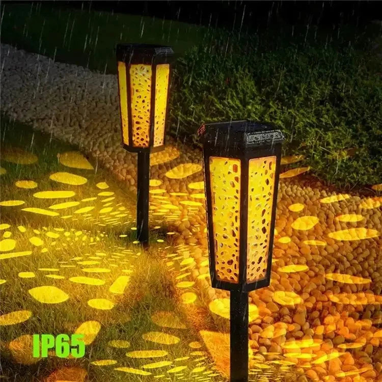 DS019 Hexagonal Hollow-Out Solar Powered Stake LED Lamp Home Yard Lawn Light with Warm Light+RGB