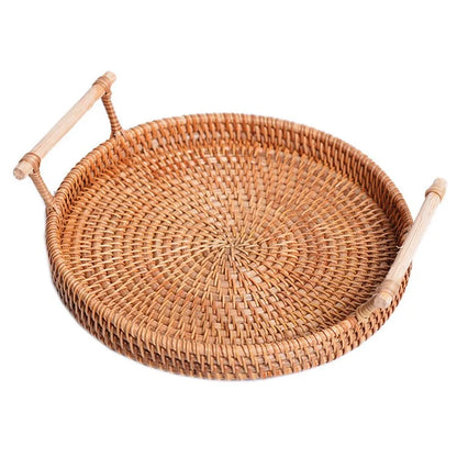 Bread Fruit Storage Basket Woven Rattan Round Tray with Handle L (No FDA)