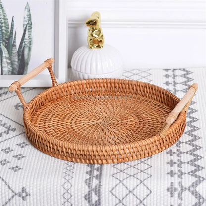 Bread Fruit Storage Basket Woven Rattan Round Tray with Handle L (No FDA)