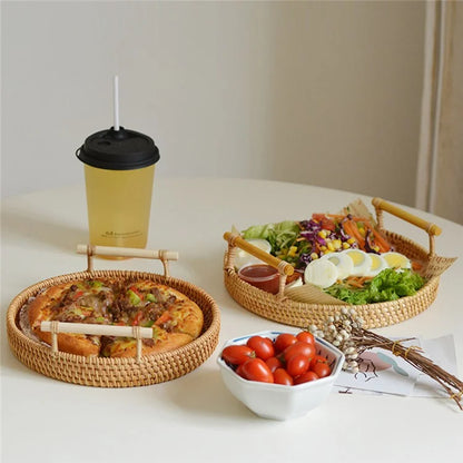 Bread Fruit Storage Basket Woven Rattan Round Tray with Handle L (No FDA)