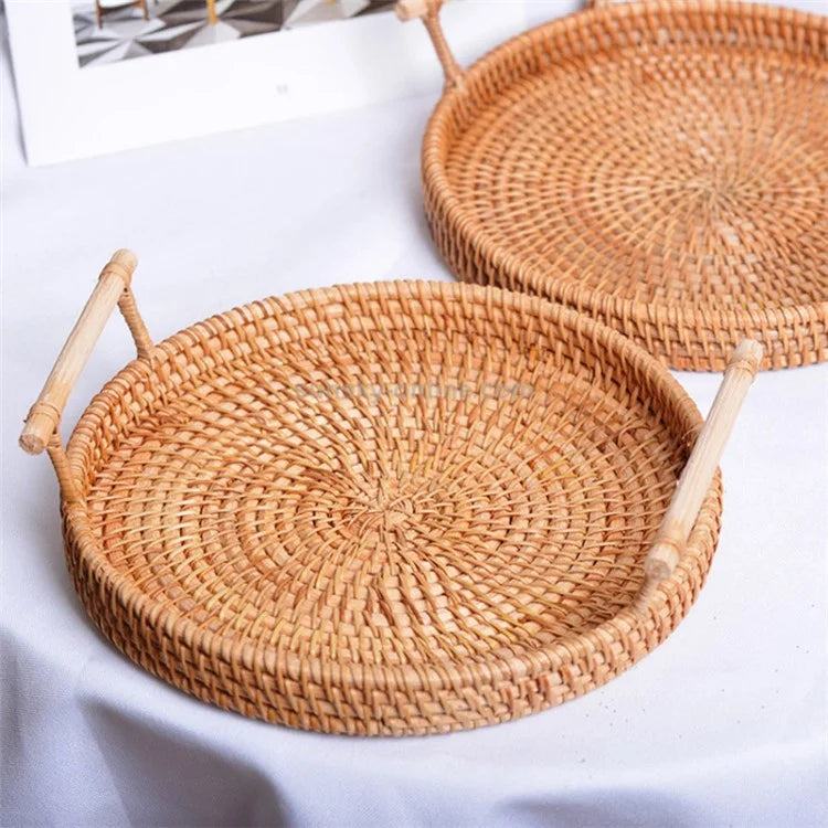 Bread Fruit Storage Basket Woven Rattan Round Tray with Handle L (No FDA)