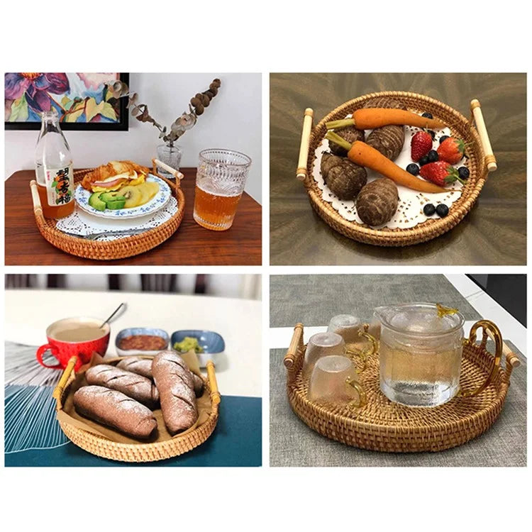 Bread Fruit Storage Basket Woven Rattan Round Tray with Handle L (No FDA)