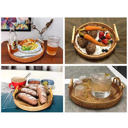 Bread Fruit Storage Basket Woven Rattan Round Tray with Handle L (No FDA)