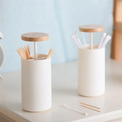 Hand Press Toothpick Dispenser Box PP+Beechwood Cotton Swabs Holder Can