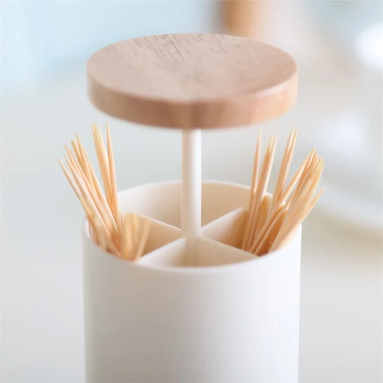 Hand Press Toothpick Dispenser Box PP+Beechwood Cotton Swabs Holder Can