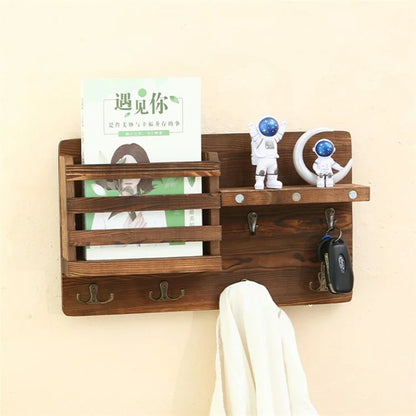 Rustic Wall-mounted Storage Rack Multifunctional Solid Wood Hanger Shelf