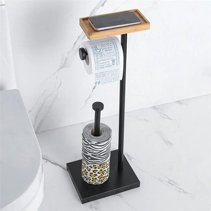 001-LDZJ01 Stainless Steel + Wood Dual Rod Bathroom Tissue Roll Holder Phone Storage Shelf