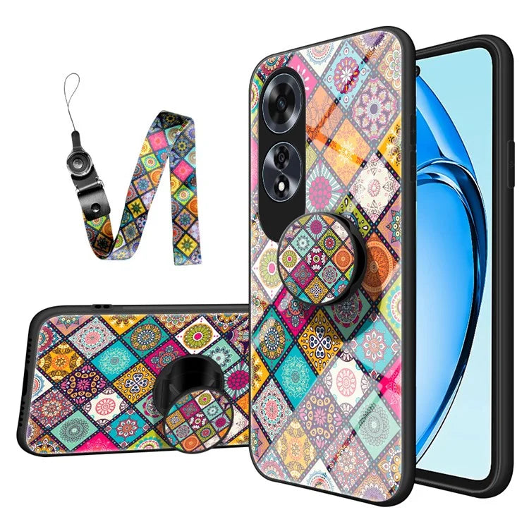 For Oppo A60 4G Case Ethnic Pattern Tempered Glass+PC+TPU Phone Cover with Kickstand