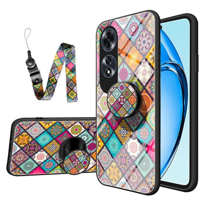 For Oppo A60 4G Case Ethnic Pattern Tempered Glass+PC+TPU Phone Cover with Kickstand