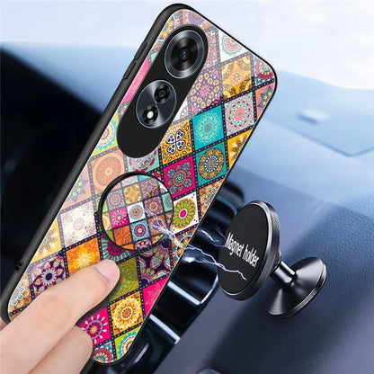 For Oppo A60 4G Case Ethnic Pattern Tempered Glass+PC+TPU Phone Cover with Kickstand