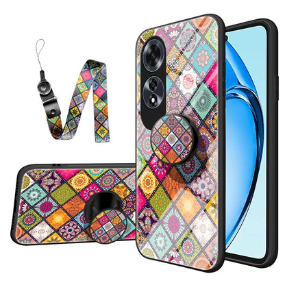 For Oppo A60 4G Case Ethnic Pattern Tempered Glass+PC+TPU Phone Cover with Kickstand