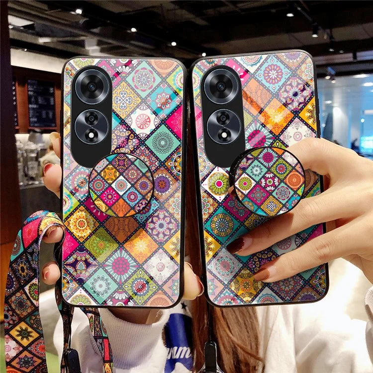 For Oppo A60 4G Case Ethnic Pattern Tempered Glass+PC+TPU Phone Cover with Kickstand