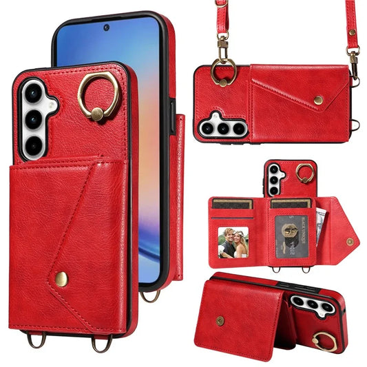 002 For Samsung Galaxy A35 5G Case Card Holder Leather Crossbody Back Cover Finger Ring Kickstand