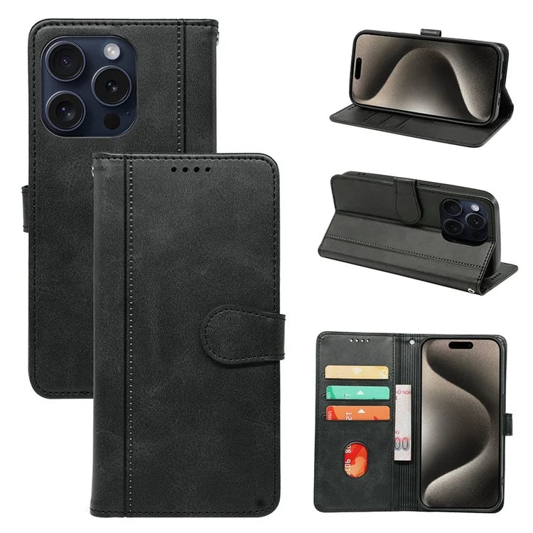 For iPhone 15 Pro Stand Case Shockproof PU Leather Phone Cover