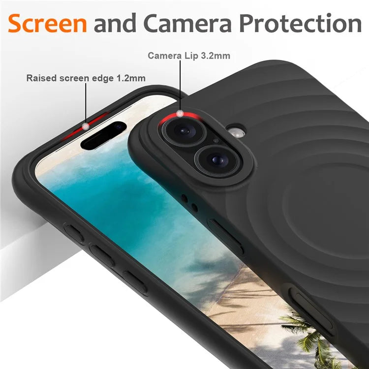 For iPhone 16 Plus Case Compatible with MagSafe Ripple Texture Liquid Silicone Protective Cover with Strap