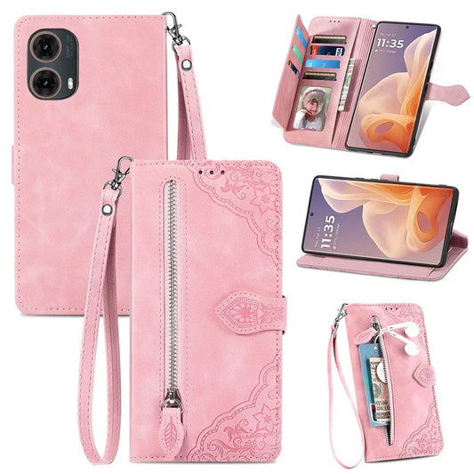 For Motorola Moto G85 5G / S50 Neo 5G Case Zipper Wallet PU Leather Flower Imprint Phone Cover