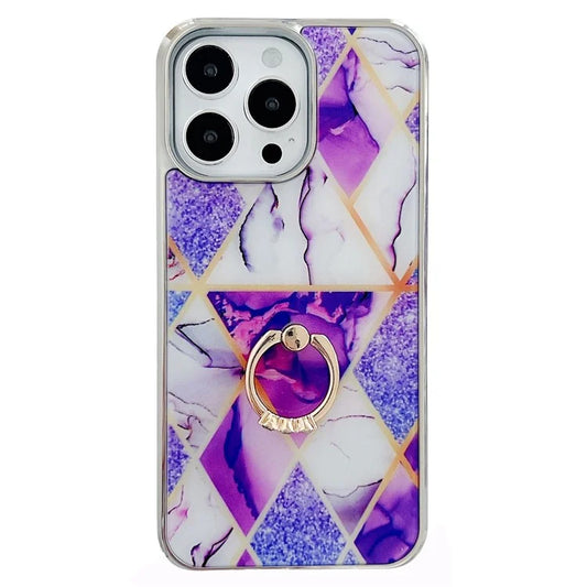 For iPhone 15 Pro Ring Holder Case Splicing Marble Phone Cover